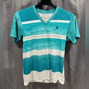 Hurley Teal and White Striped V-Neck Shirt